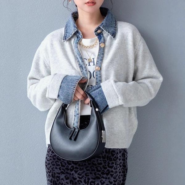 Women's Long Sleeve Knit Top O Neck Japanese Casual Sweater Faux Denim Patchwork Cardigan