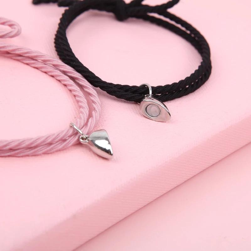 Braccialetti Magnetici Per Coppie, Regolabili, Con Ciondolo A Cuore, In Acciaio Inox E Corda Nylon, Nero E Rosa, Per Fidanzati E Migliori Amici