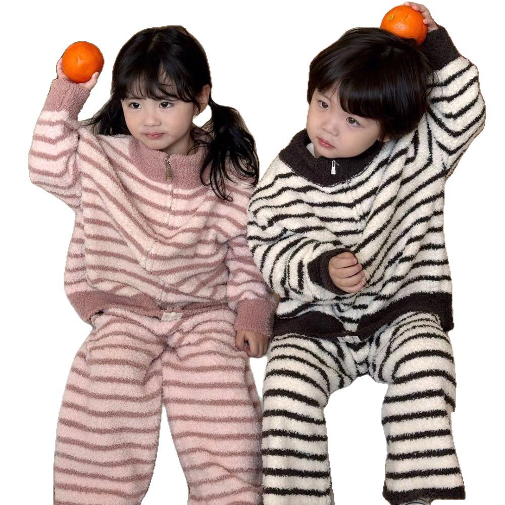 Kids' Coral Fleece Pajamas: Striped Zipper Parent-Child Set for Autumn and Winter