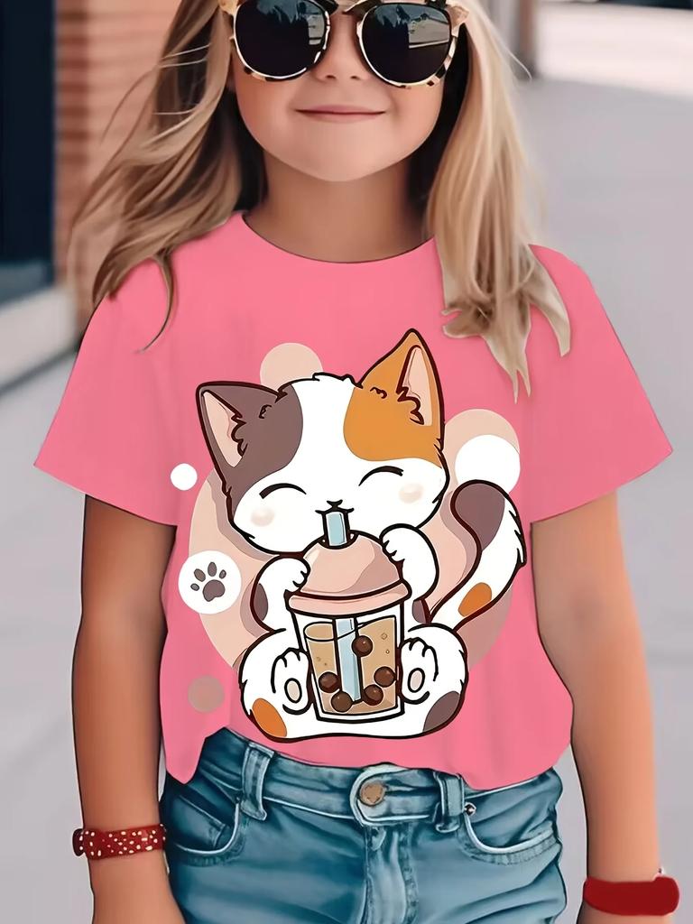 New Summer Girls Clothes Cute Cat Graphic T Shirt Short Sleeve Tops for Girls Casual Children's Clothing
