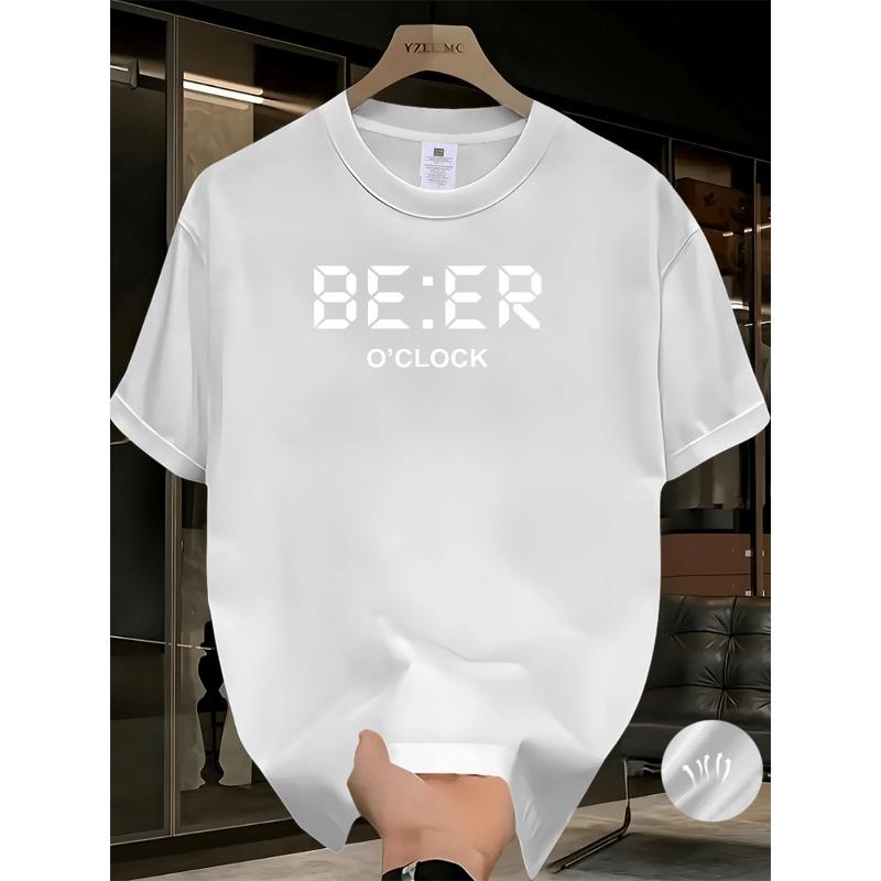 European sizes Men'S Casual Crew Neck T-Shirt, Polyester Knit Fabric, Summer Sports Tee with Beer O'Clock Graphic Print, Comfortable Unisex Tee
