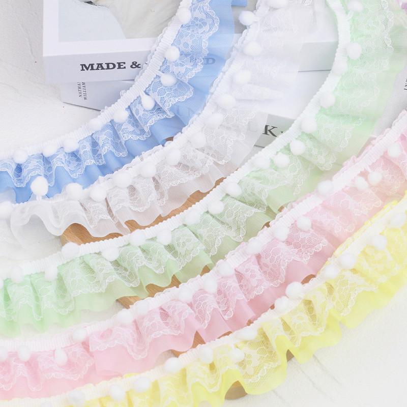 NEW Cartoon Chiffon Pleated White Pompon Applique Lace DIY Dress Skirt Ruffle Pompom Storage Basket Flowerpot Border Decoration