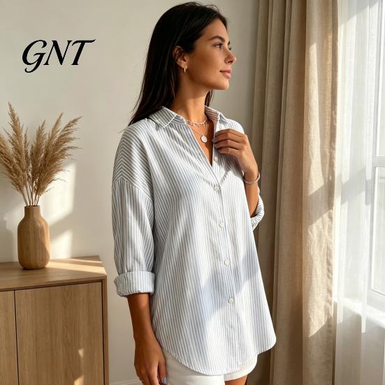 Office Work Tops Women Striped Shirt for Summer Autumn, Button Down Single Loose Fit Shirts Breasted Blouse, Dressy Casual Long Sleeve Collared