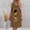 Plus Size V Neck Sleeveless Dress Ink Mountain Stream Print For Water Town Sightseeing