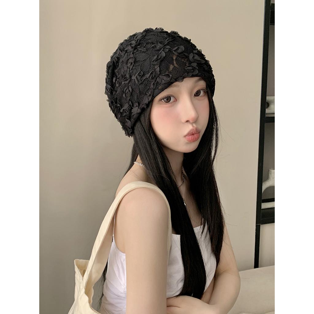 Women's Korean Minimalist Design 3D Flower Lace White Slouchy Hat Summer Hollow Breathable Thin Head-Wrapping Hat