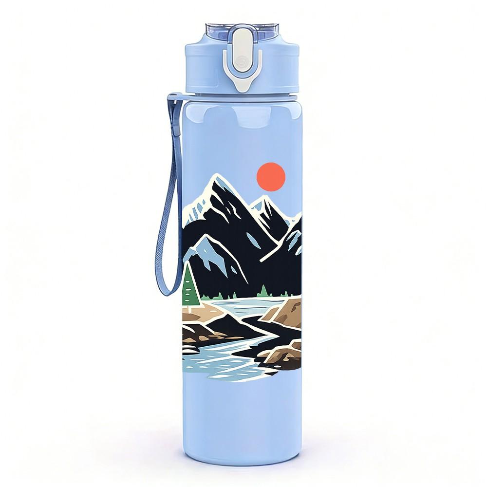 1PC Mountain Lake Scenery Landscape Print 750ml Color Plastic Sports Water Bottle Leakproof Flip Straw Lid Suitable for Sports Office Home Use