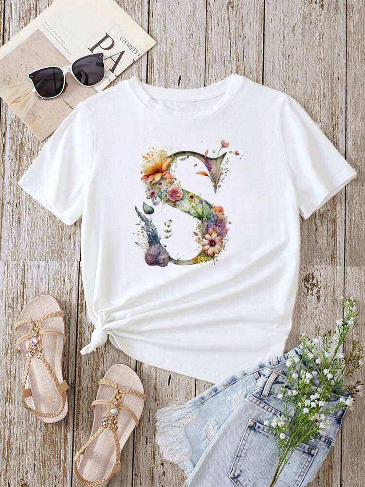 Custom Name Letter Combination Fashion Women T-shirt Floral Letter Font A B C D E F G Short Sleeve Tops White T-shirt
