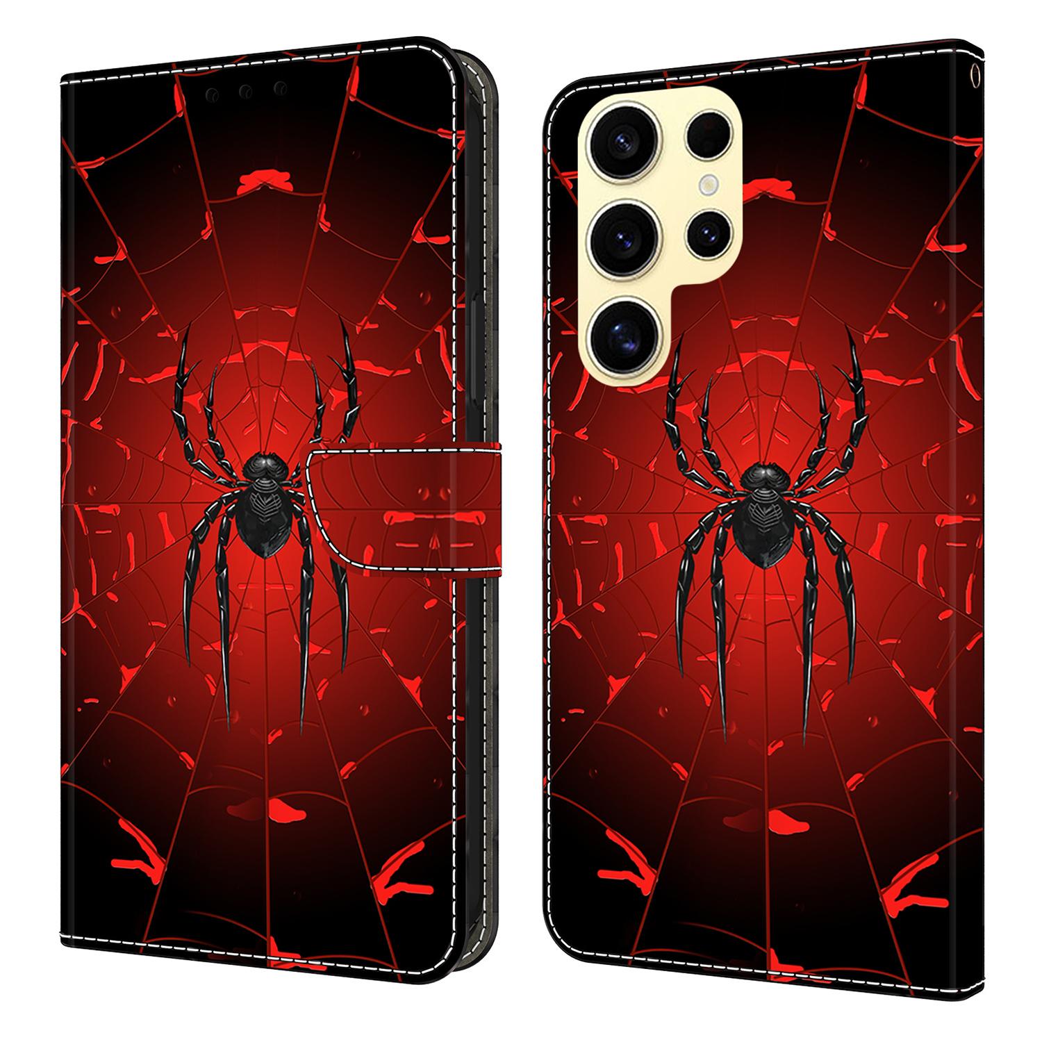 

For Samsung Galaxy S25 Ultra Wallet Case Pattern Printing PU Leather Flip Stand Phone Cover Black Spider