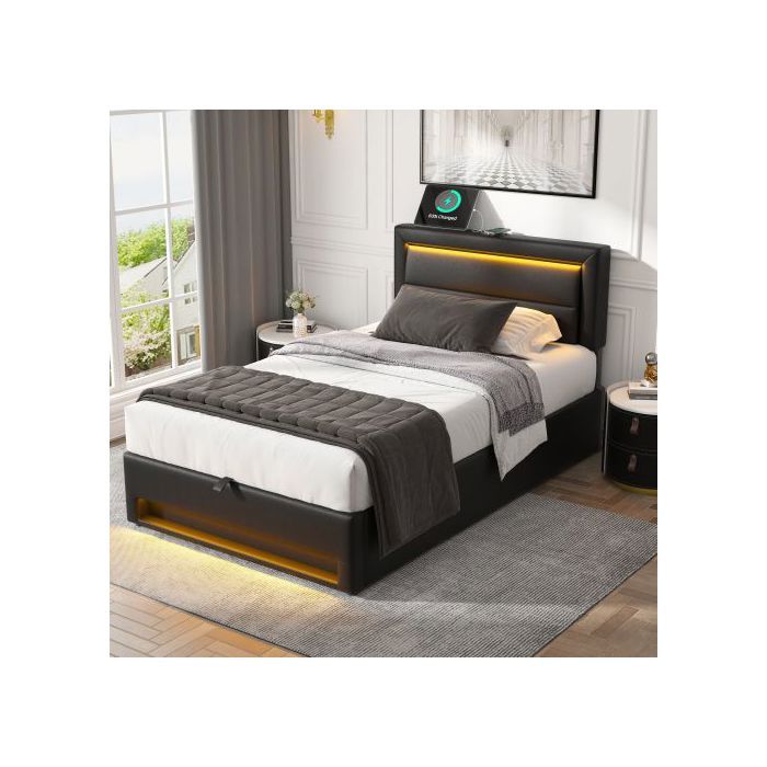 Letto imbottito 90x190 cm - Nero - Porta USB - Illuminazione LED - Contenitore integrato