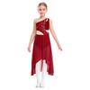 Girls Lyrical Dance Dress - Shiny Rhinestones One Shoulder Sleeveless Cutout with High-Low Flowy Mesh Skirt