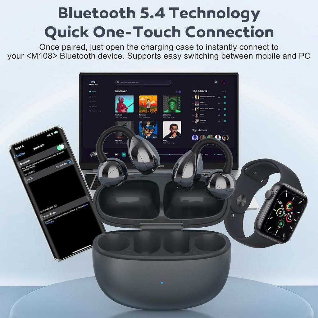 Open Ear Earbuds Air Conduction Headphones Wireless Earphones Bluetooth 5.4, Clip on Headphones with Mic 42H Playtime Over Ear Headsets Comfortable