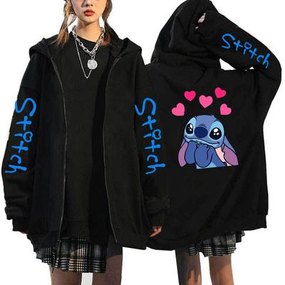 Übergroßer Y2k Zip-up Hoodie Disney Damen Lilo & Stitch Kostüm Winterkleidung Frau Langarm Warme Jacke Zip-up Street Tops