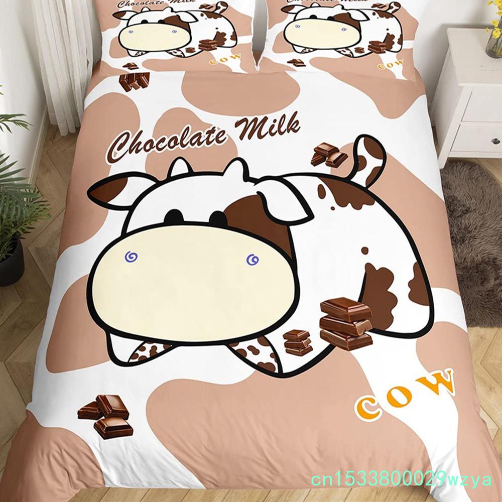 Süt İneği Desenli Yatak Örtüsü Seti King Queen Hayvanlar Temalı Yorgan Kılıfı Çikolata Kahvesi Nevresim Kılıfı Sevimli Kawaii Sığır Yorgan Kılıfı