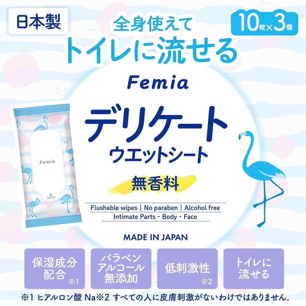 LEC Delicate Wet Mini Pack x 3 Made in Originally Made from Baby Wipes Women's Wipes, Femia, 10-Sheet (Unscented), Flushable, Japan,