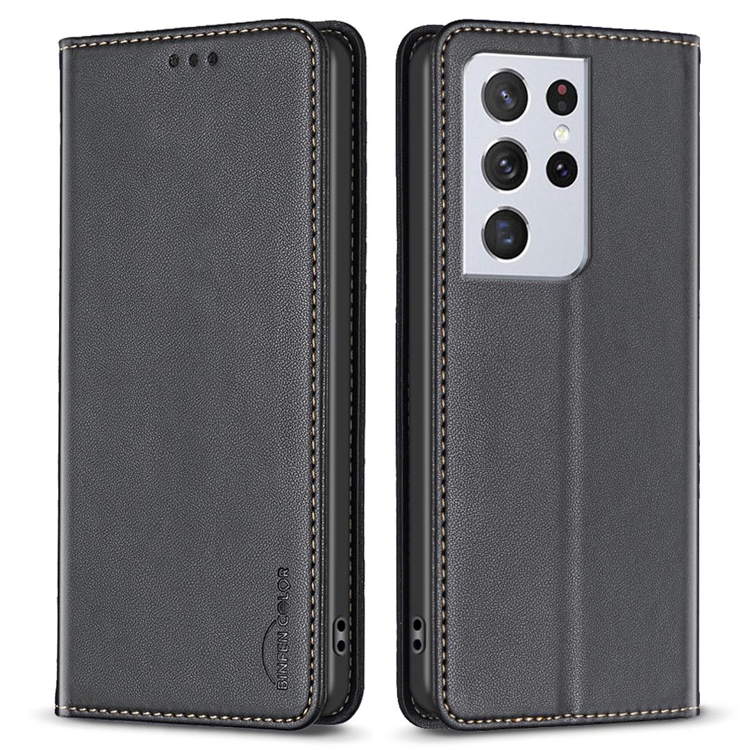 

BINFEN COLOR BF18 Leather Phone Case for Samsung Galaxy S21 Ultra 5G Phone Cover with Stand Card Holder Black