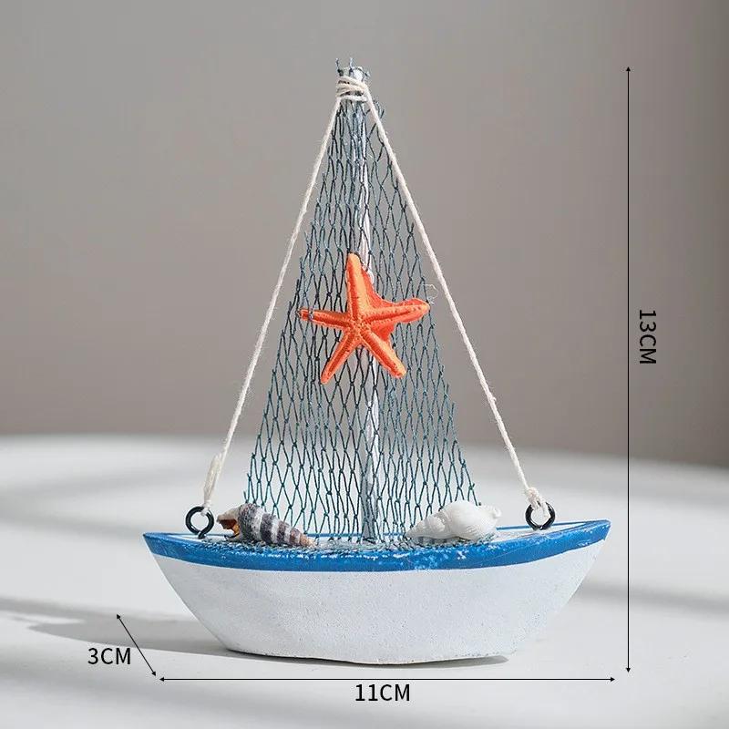 1pc Mini Mediterranean Nautical Wooden Blue Sailing Boat Wood Craft Ornament for Home & Party Decoration
