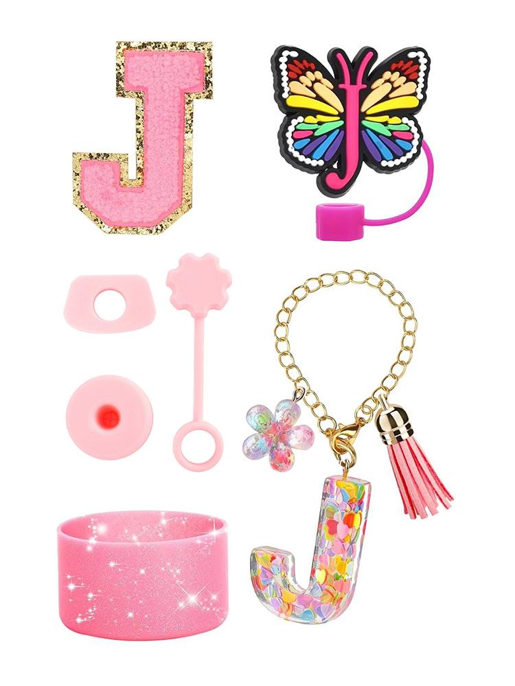 7PCS Cup Accessories Set for Stanley 30oz 40oz Tumbler Initials Silicone Straw Cover Cap Boot Letter Handle Charm Sticker