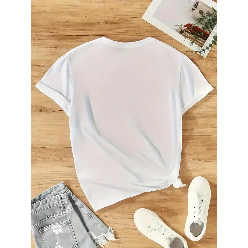 Women's Creative Print T-shirt, Round Neck, Short Sleeves, Casual Fashion, Loose Fit, Elegant Vintage Top
