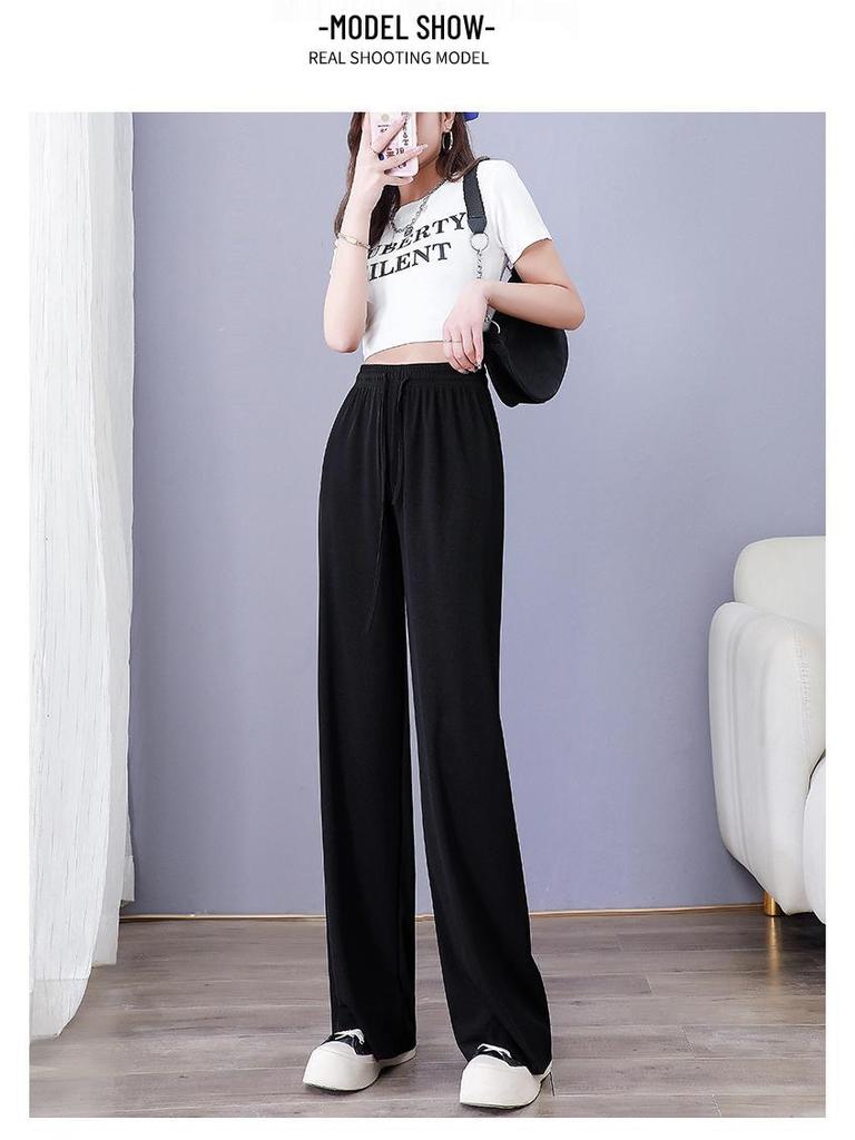 Pantaloni Larghi Estivi da Donna a Vita Alta in Seta Ghiacciata - Modellanti, Drappeggiati, Casual da Studentessa, Vestibilità Larga, Gamba Dritta Stretta.