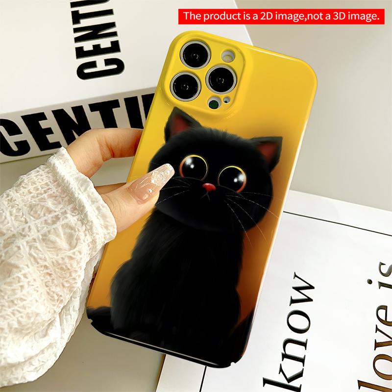 2DFlat Cute Black Kitten on Yellow Background Phone Case All inclusive film hard iPhone case, compatible with iPhone 18 Pro Max 17 16 15 14 13 12 11