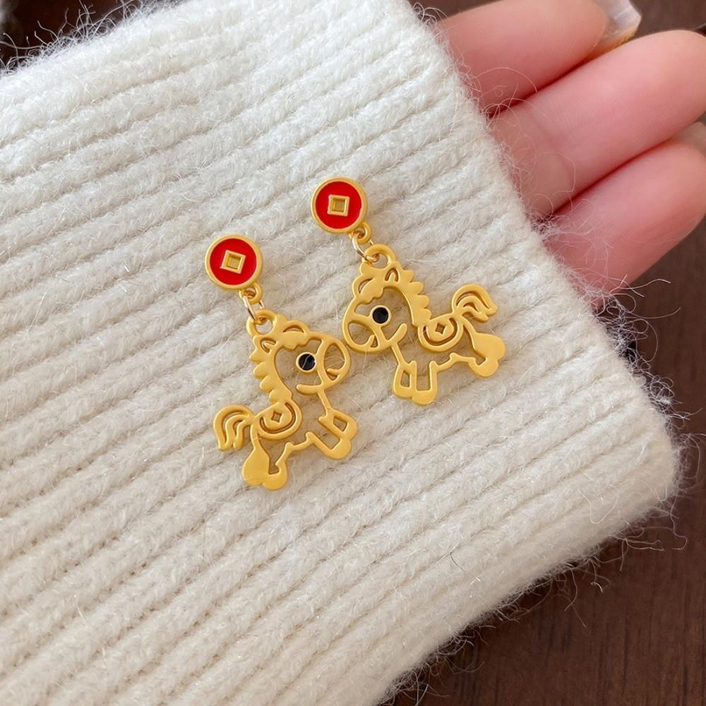 Chinese Style Red Pony Earrings Cartoon Horse Horse Mascot Drop Earrings  Party