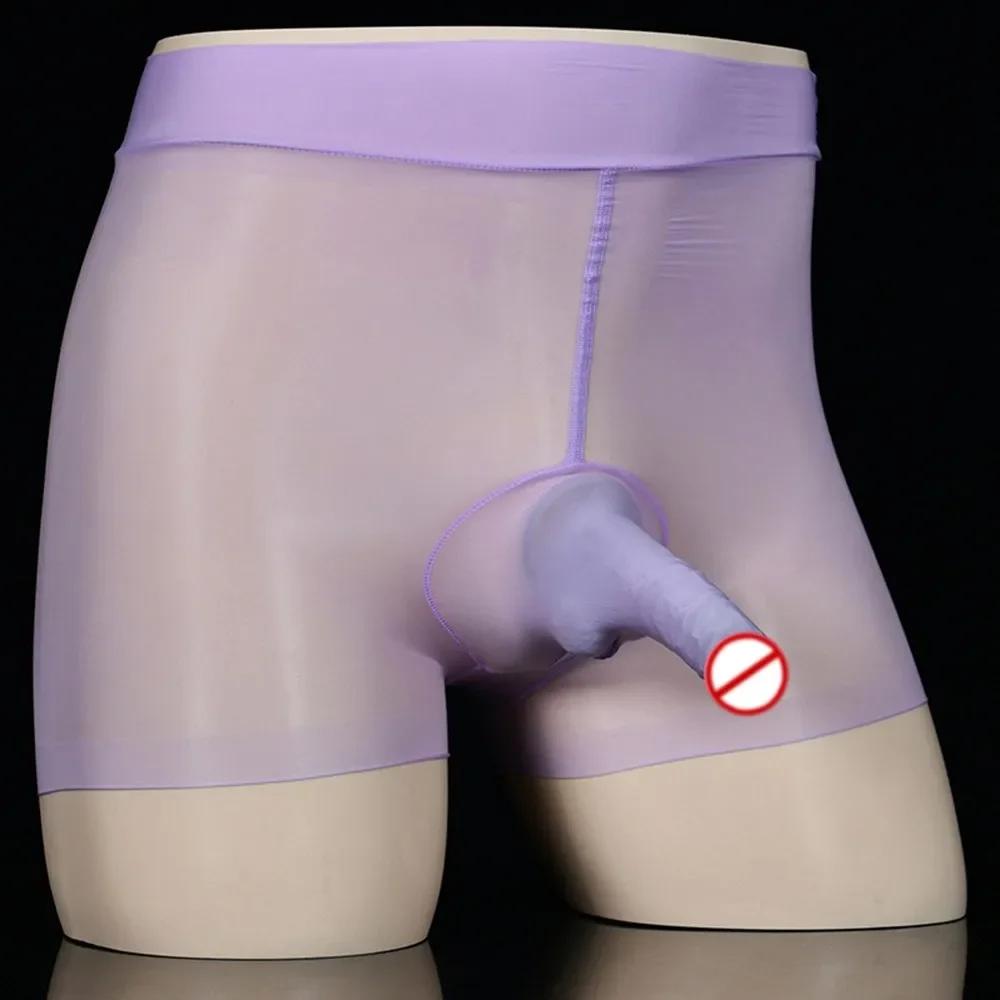 Oil Shiny Glossy Sheath JJ Open/ Close Boxer Brief Men See Through Underwear Long Penis Pouch Short Gay Elephant Bulge Panties
