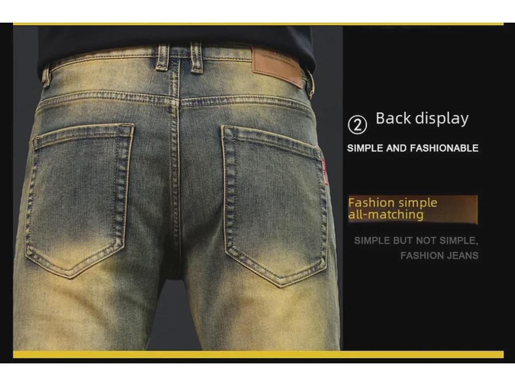 Men's Yellow Slim-Fit Retro Jeans - High-End, Elastic Skinny Pants for Spring and Autumn