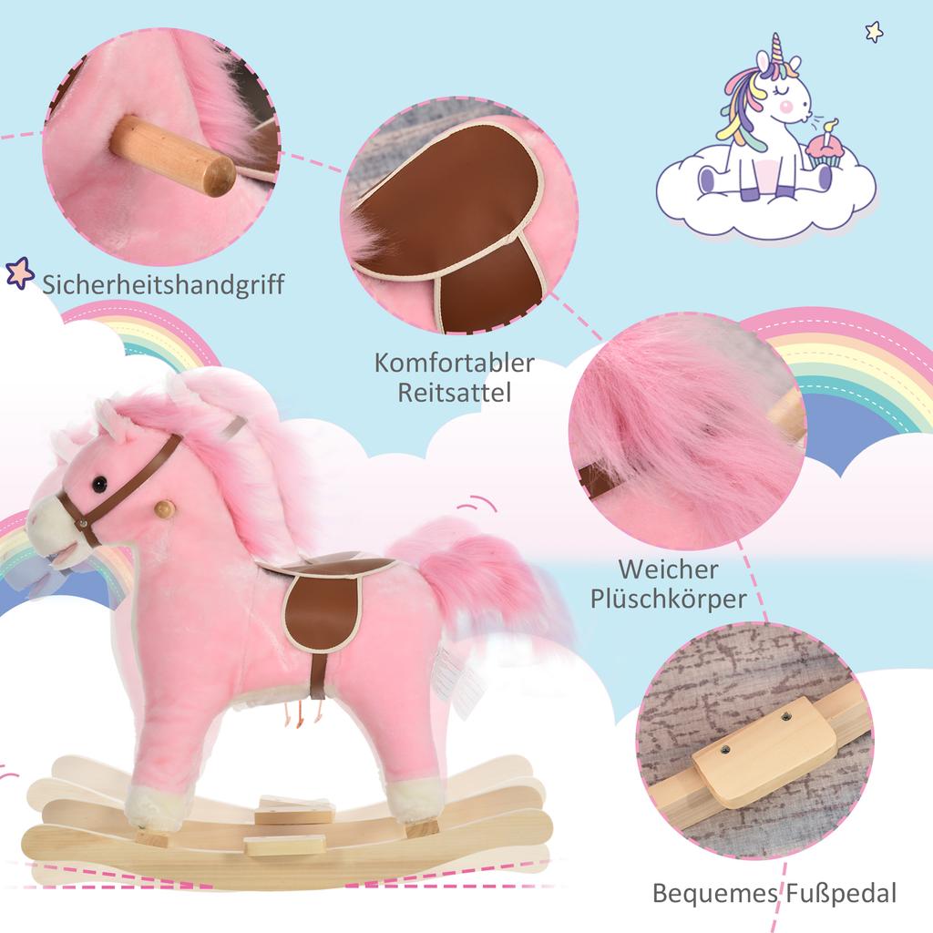 Kinder Schaukelpferd Baby Schaukeltier Pferd mit Tiergeräuschen Spielzeuggriffe für 36-72 Monate Plüsch Rosa 65 x 32,5 x 61 cm