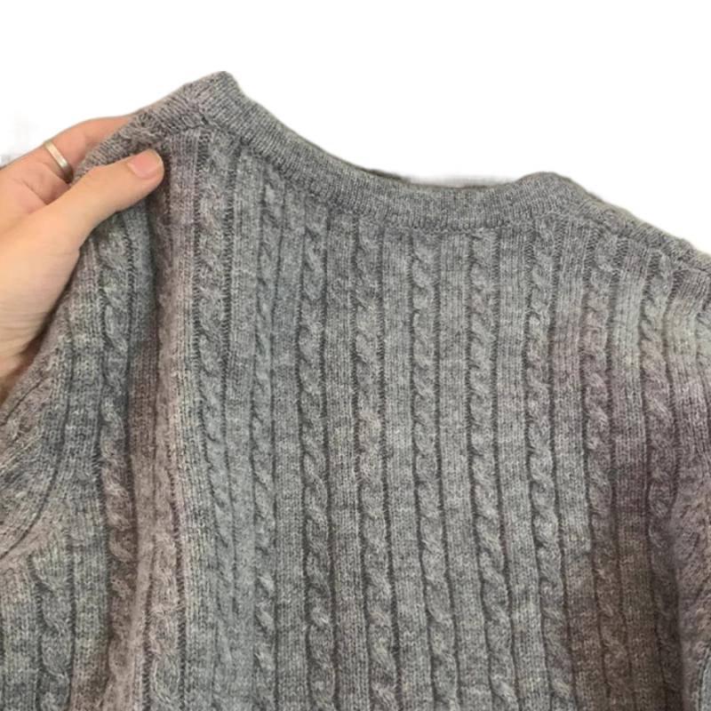 Casaco Cardigan Feminino Cinza Tricô Cabo Barganha - Outono/Inverno Estilo Europeu