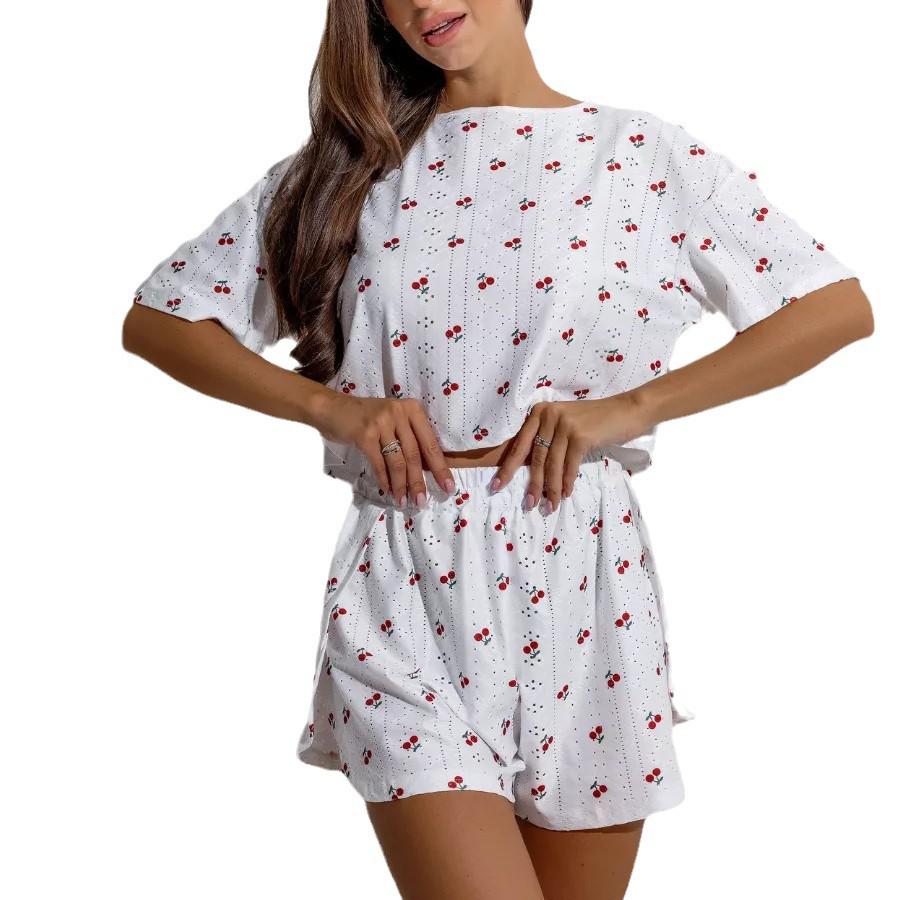 Europese Stijl Hart Kersenprint Korte Mouw Pyjamaset