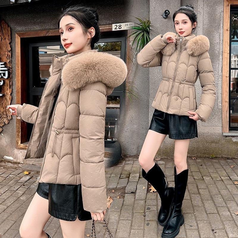 Sparkling down cotton-padded clothes women's winter big fur collar waist thin cotton-padded clothes jacket foreign style short small cotton-padd