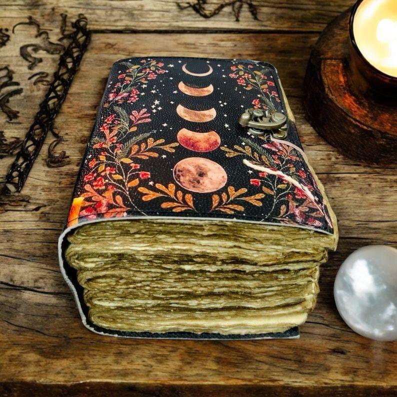 200 Page Large Grimoire Vintage Leather Journal, Moon Phase Fat Journal, Blank Spell Book of Shadows Celestial Christmas Gifts For Him Her