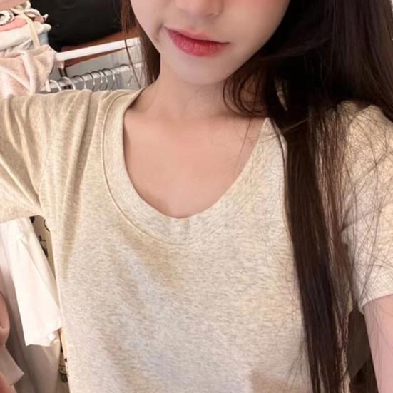 Women Summer Tops Round Neck Short Sleeve Solid Color Tee Shirt Slim Fit Stretchy Pullover Tops Streetwear