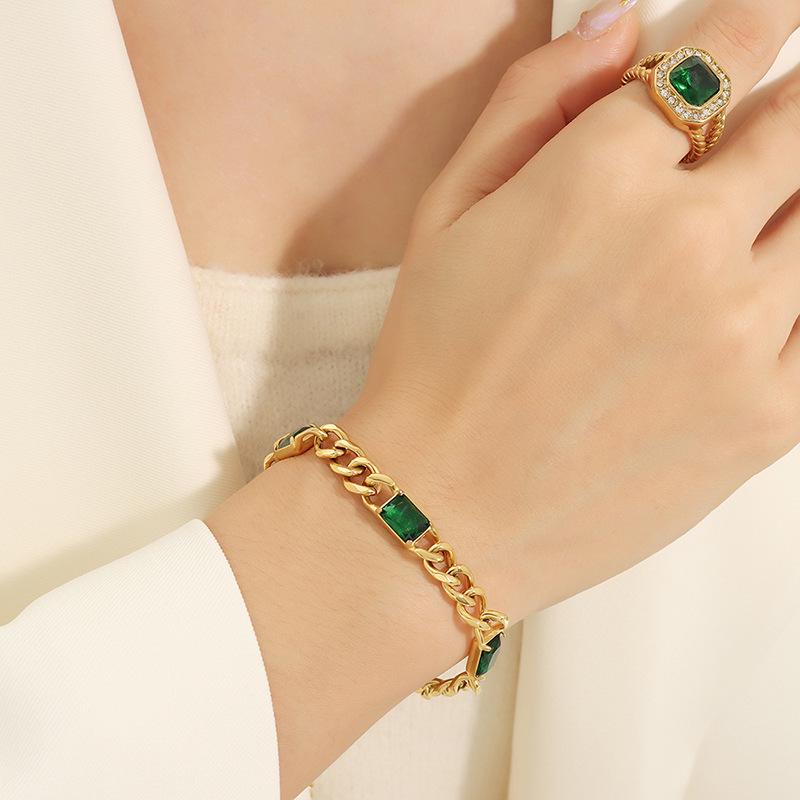 Custom Cuban Thick Chain Necklace & Bracelet Set with Green Glass Stones - Colorfast Jewelry