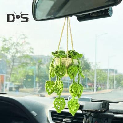 Accesorio colgante para espejo de coche, decoración de vista trasera de planta en maceta de ganchillo, hecho a mano, accesorios de Interior de coche