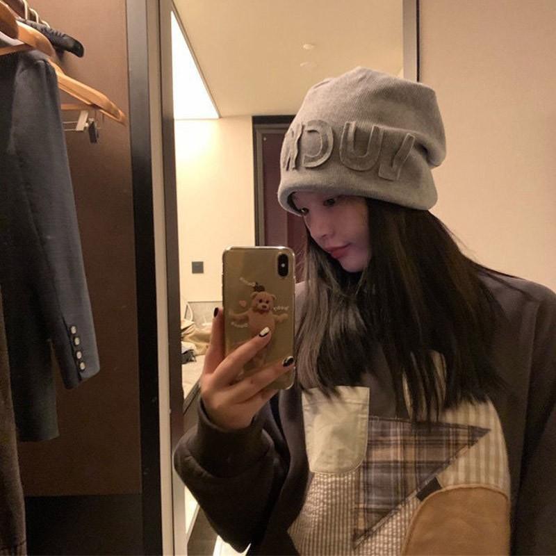 Ricygvm Loose Baggy Slouchy Beanie For Women Autumn Winter Warm Woolen Knitted Hat Luck Alphabet Lettering Skullies Cap Big Head Bonnet Kpop One Size