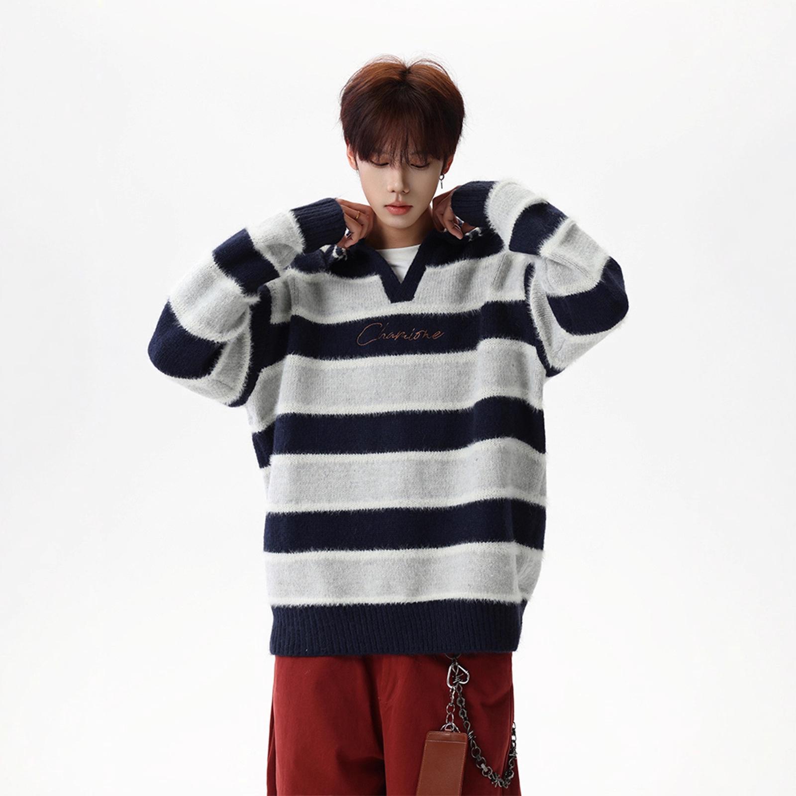 

Unisex Retro Striped Lapel Sweater - Casual Winter Knitwear XL темно-синього кольору