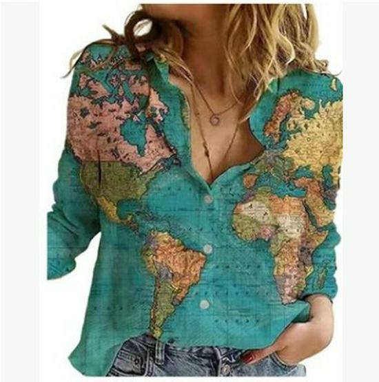2021 European & American Map Print Long Sleeve Women's Shirt