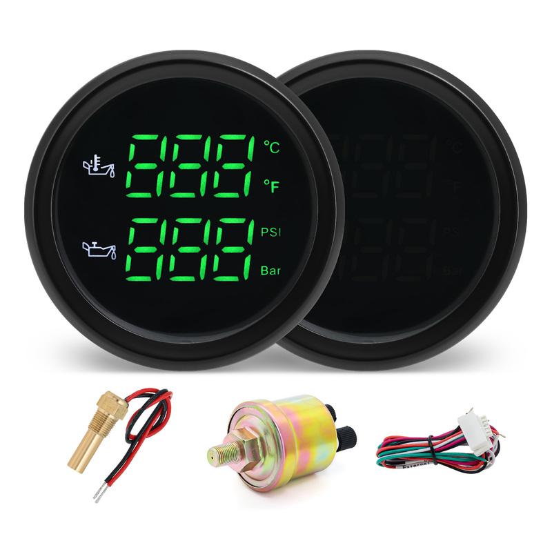 ZMFJH Digital Dual 52mm Gauge with Flash Alarm Red Green Oil Temperature+Oil Pressure Meter+Sensor 10mm for Marine Boat Auto Car