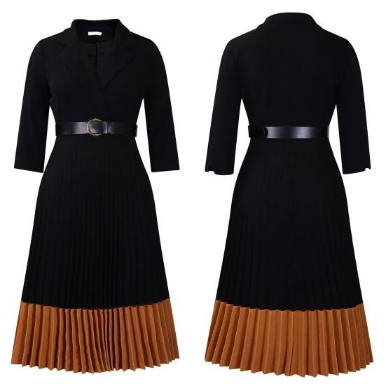 Women's Long Sleeve Blazer Dress V Neck Notched Lapel Pleated Swing Midi Dress Business Office Work Dress with Belt