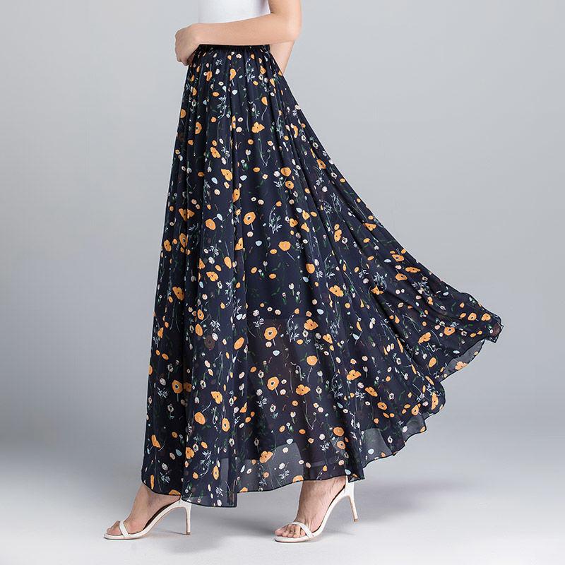 Women Summer Chiffon Skirts Summer Plus Size Bohemian Floral Big Swing Female Beach Long Skirt A-line Faldas