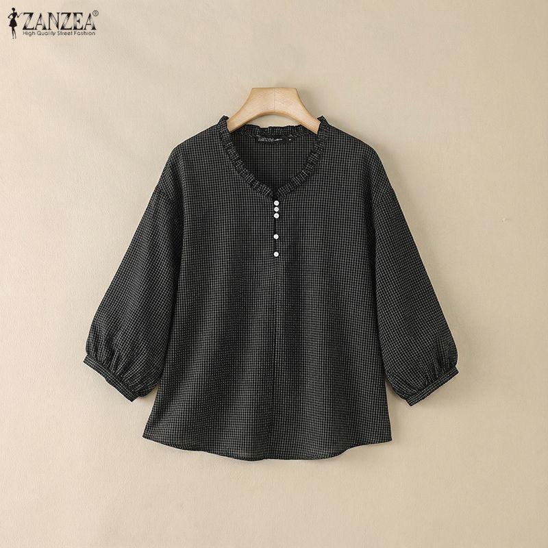 ZANZEA Women Casual V-neck Plaid Print Loose Half Sleeve Blouse