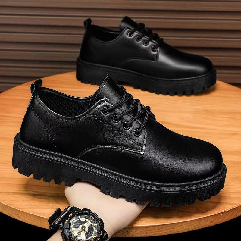 Four Seasons PU thick-soled soft-soled casual leather shoes waterproof soft leather surface all black leather shoes