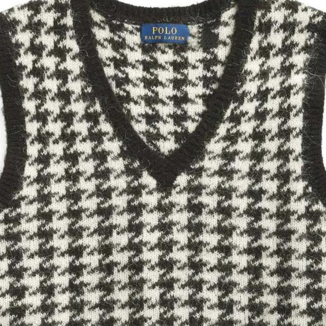 Polo Ralph Lauren SS23 Houndstooth Pattern V-Neck Sleeveless Knit Top Women tops Black White 211764642-001