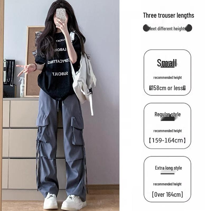 Petite Women's Gray High Waist Wide Leg Cargo Pants - Spring/Summer 145cm Casual Drape Parachute Style