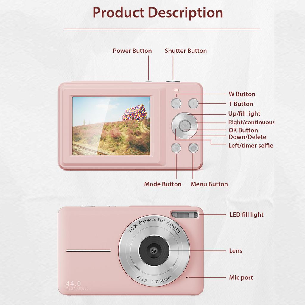 Digital Camera 1080P FHD Camera 44MP Point and Shoot with 32GB Card 16X Zoom Compact Vintage Photobooth Props for Kids Teen