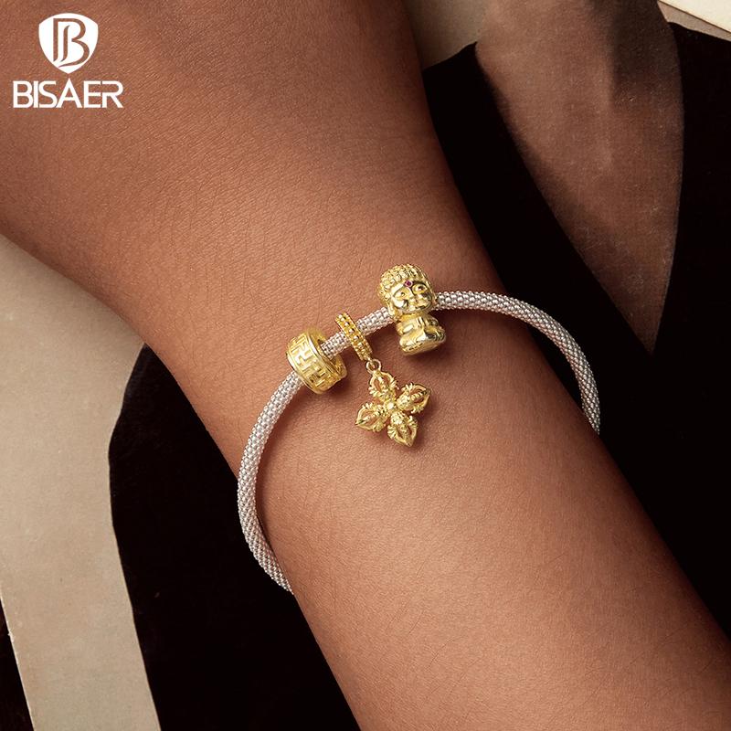 BISAER 925 Silver Lucky Koi Cat Pawprint Charm Bead Weaved Bag Pendant Plated Gold Fit Women DIY Bracelet Fine Jewelry