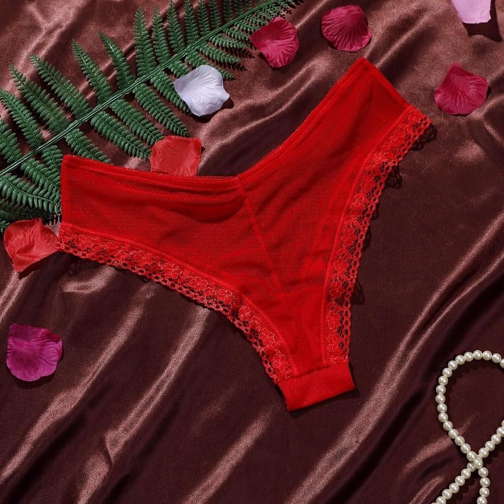 Low Waist Mesh Floral Panties Female Lingerie Patchwork Lace Flower Transparent Briefs Underwear Hollow Mesh Sheer Lace Thong