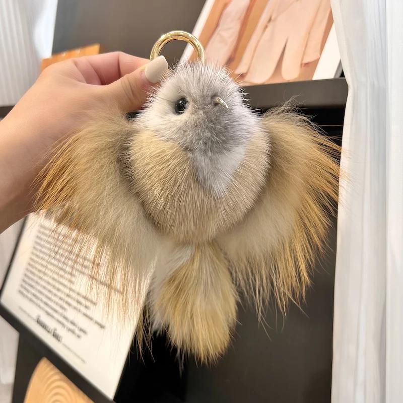 Hip Hop Nerzfell Schlüsselanhänger Herren Verkündigungs-Vogel Anhänger Schlüsselring Tasche Schlüssel Schmuckstück Echtes Fell Spielzeug Pompon Anhänger Geschenke Damen