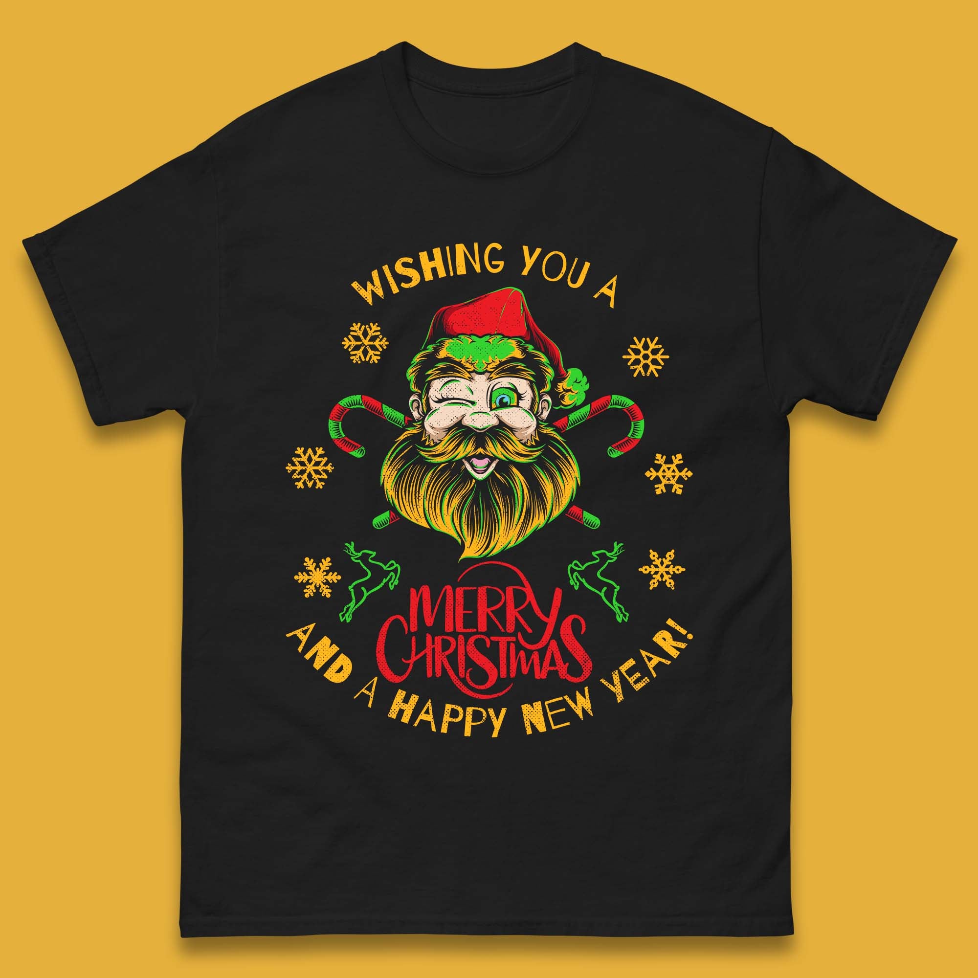 Wishing You A Merry Christmas Santa Eye Winking Mens T Shirt Womens Tops Tees L